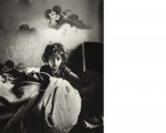 Sara, sitting in bed in a basement dwelling, with stenciled flowers above her head, Warsaw, ca. 1935 - 1937  © Roman Vishniac, Mara Vishniac Kohn, courtesy International Center of Photography